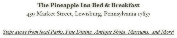 The Pineapple Inn Bed & Breakfast
439 Market Street, Lewisburg, Pennsylvania 17837

   
Steps away from local Parks, Fine Dining, Antique Shops, Museums,  and More!